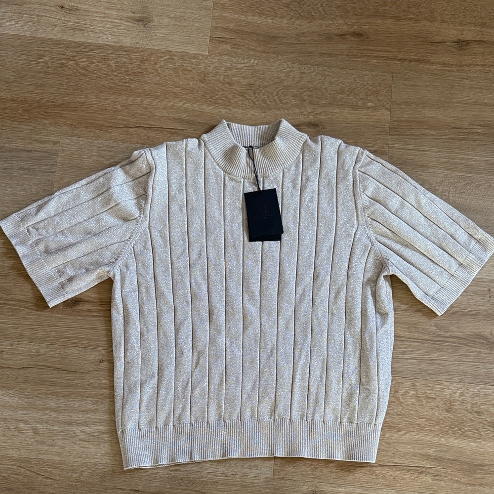 Beige Ribbed Short Sleeve Shimmer Sweater